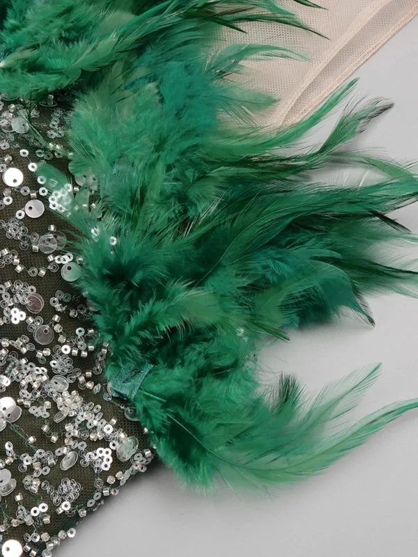 Luxury Green Feather Sleeveless Maxi Long Gowns Evening Party Dress