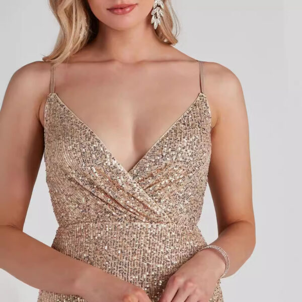 Sexy Sequined Strapless Deep V-Neck Bodycon Party Dress for Women