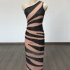 565302237 Single Shoulder Mesh Silver Stripe Sexy Tight Bandage Long Party Dress