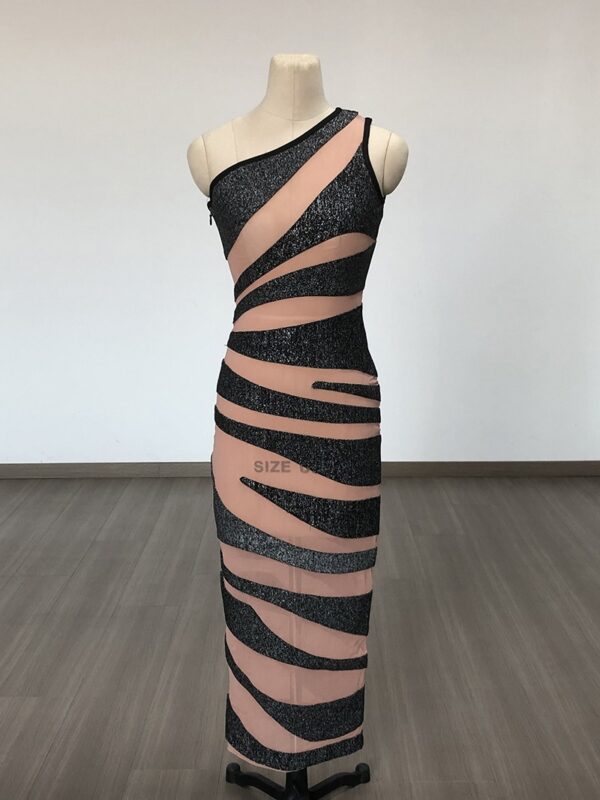 565302237 Single Shoulder Mesh Silver Stripe Sexy Tight Bandage Long Party Dress