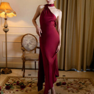565301575 Dress with Sexy Backless Satin Halter Neck for Banquet Evening Party