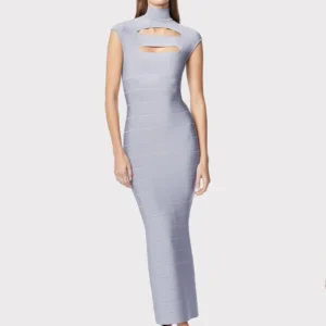 Grey Bandage Dress Women's Sleeveless Stand Collar Hollow Bodycon Celebrity Party Club Maxi Dress Vestidos