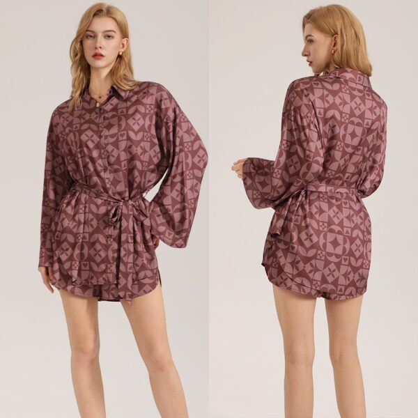 Retro-style Satin Long-sleeve Shorts Set For Women Fashionable Geometric-print Pajamas And Loungewear