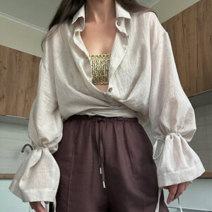 Stylish Design-forward Loose-fit Long-sleeve Shirt With A Turn-down Collar And Tie Details