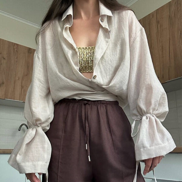 Stylish Design-forward Loose-fit Long-sleeve Shirt With A Turn-down Collar And Tie Details