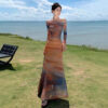 564075407 French Style Chic Sunset Tie-Dye Off-Shoulder Printed Mesh Dress