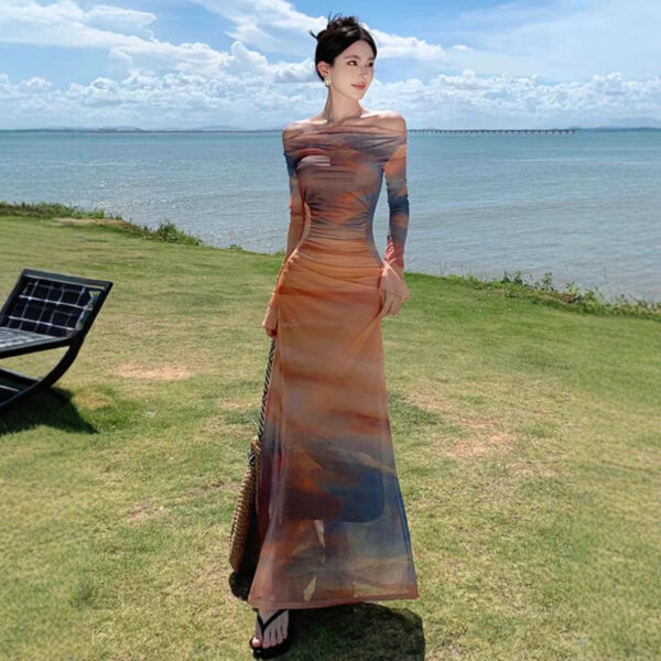 564075407 French Style Chic Sunset Tie-Dye Off-Shoulder Printed Mesh Dress