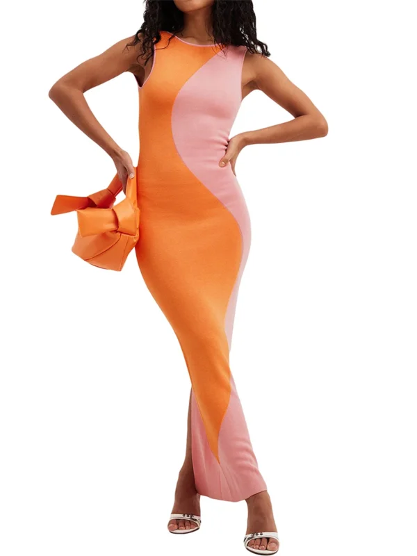 565302322 Contrast Color Sleeveless Knit Summer Party Dress