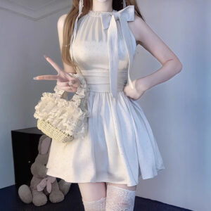 Sweet Style Diamond Embellished Bow Sleeveless Halter Dress