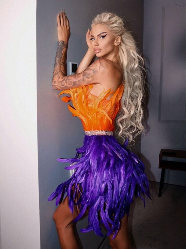 High Waist Feather Crystal Design Mini Dress