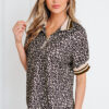 99027918-38b31a4498cb6911.jpg Khaki Leopard Print Half Zip Striped Trim Patchwork Short Sleeve Top