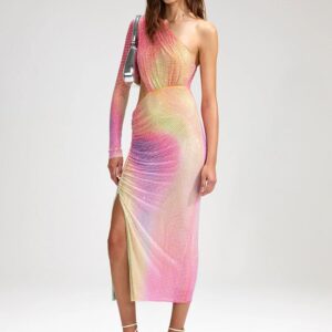 565302827 Sexy One Shoulder Sleeve Color Block Rhinestone Bodycon Dress