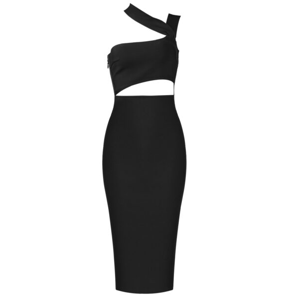565301895 One Shoulder Midi Dress Sexy Waist Hollow Out Design Celebrity Party Club Bandage Dress