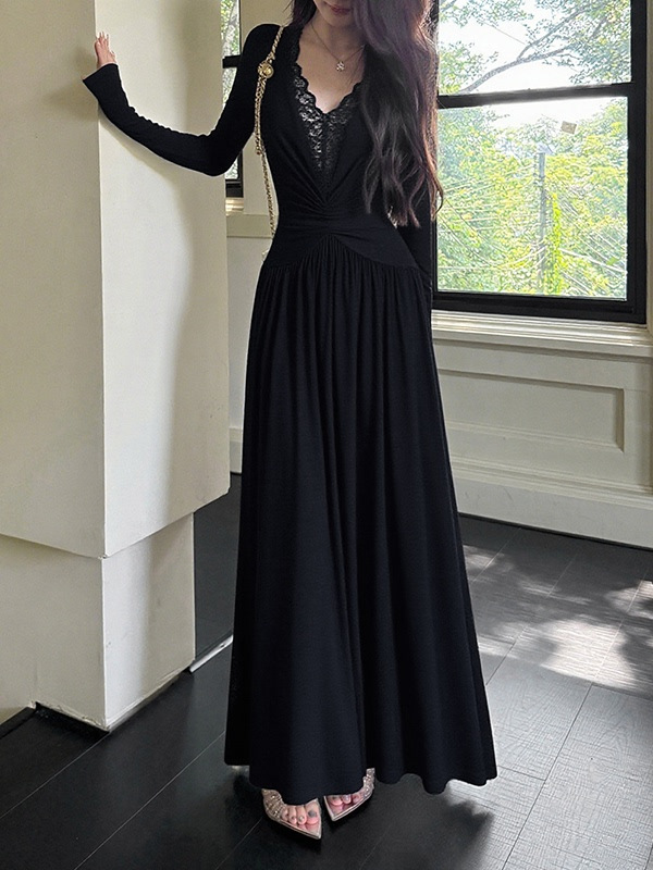 564075493 Lace Splicing Pure Desire Style V-Neck Long Sleeve Dress
