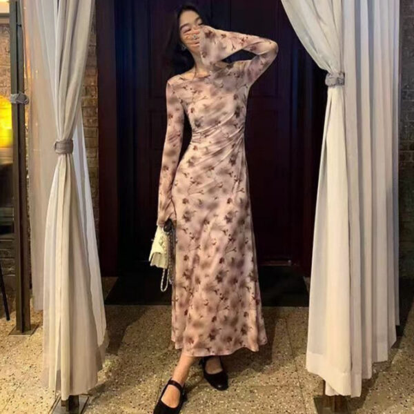 French Rose Print Mesh Two-Piece Dress for Women