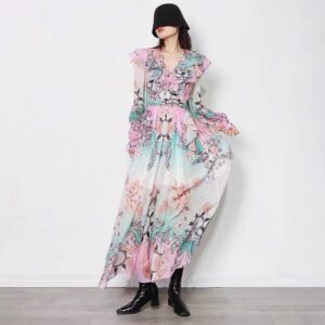 Vintage Ruffles Floral Printed Lantern Sleeve Elegant Designer Party Dresses