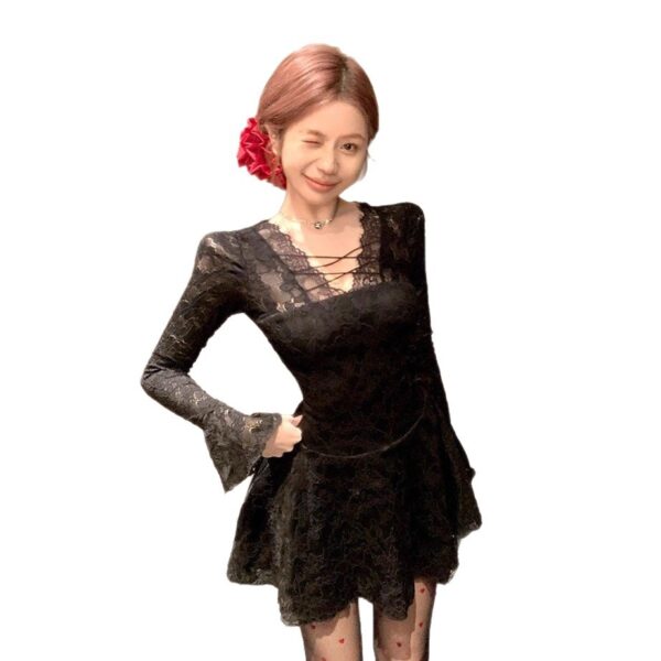 Sensual Lace Spliced Long Sleeve Dress for Women