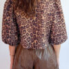 Brown Leopard Bow Tie Puff Sleeve Blouse