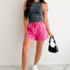 Rose Red Mineral Washed Drawstring Elastic Waist Raw Cut Shorts