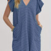 Blue Stripe Textured Knit V Neck Flutter Sleeve Shift Mini Dress
