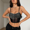 Womens Patchwork Diamond-Chain Fishbone Midriff-Baring Tank Top With Zipper