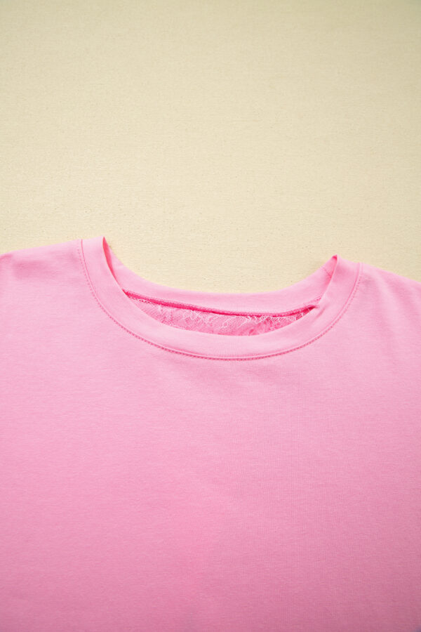 Pink Eyelash Floral Lace Patchwork Half Sleeve Oversize Tee