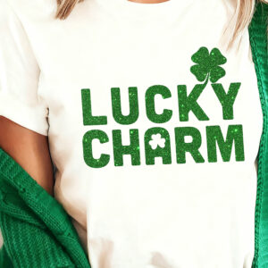 White LUCKY CHARM Shimmery Print St Patricks Day Clover T Shirt