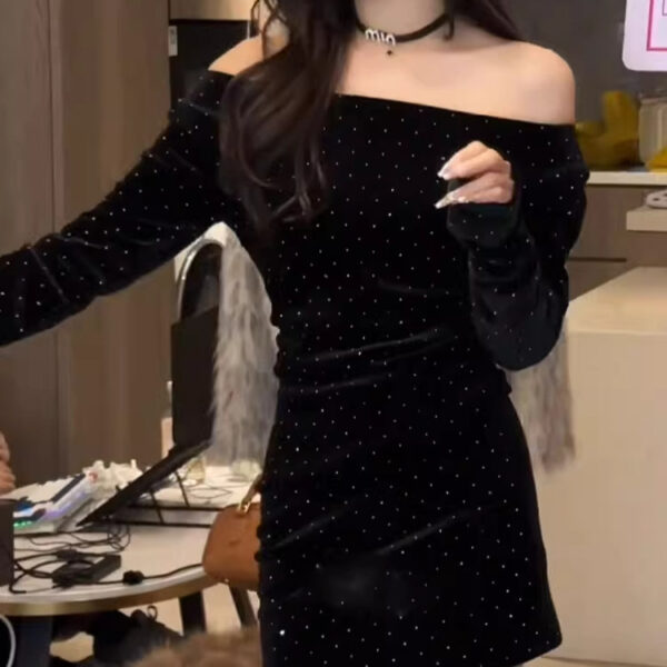 564075355 Sensual One-Shoulder Sparkling Fitted Bodycon Black Dress