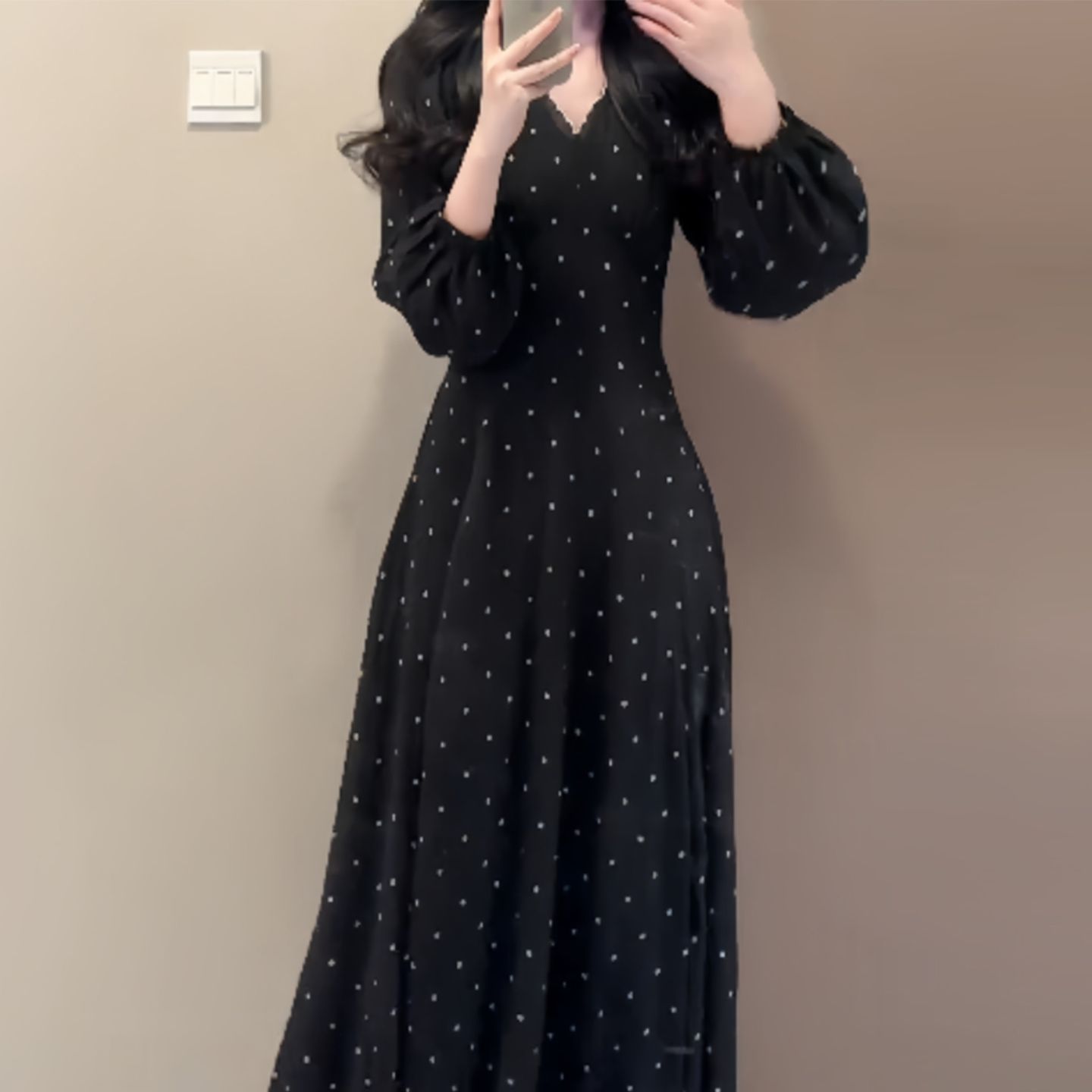 french-style-elegant-black-v-neck-polka-dot-long-sleeve-dress