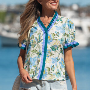 Beige Floral Print Contrasted Frilled Striped Trim Short Sleeve Blouse