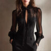 French-style Light Luxury Semi-sheer Loose-fit Sun-protective Lace-panel Tie-front Blouse