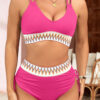 Navy Blue Ribbed Knit Tribal Contrast Detail 2pcs High Waist Swimsuit
