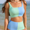 Pink Corded Colorblock Square Neck Bikini Swimsuit