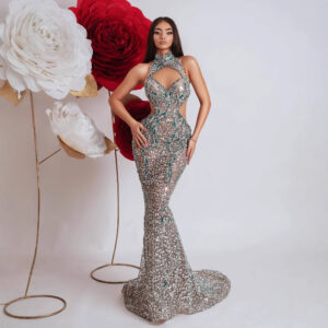 Colorful Diamond Decorated Fitted Round Neck Halter Bodycon Party Dress