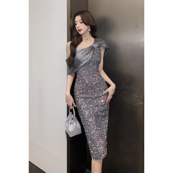 565302508 Sequins And Organza Slanted Shoulder Party Holiday Dress