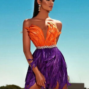 565302430 High Waist Feather Crystal Design Mini Dress