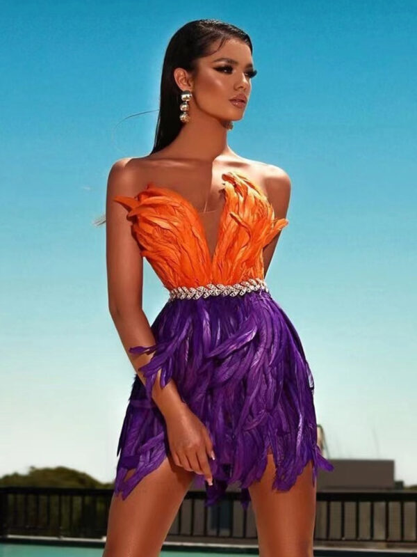 High Waist Feather Crystal Design Mini Dress