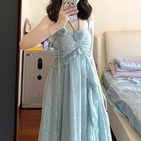 564075399 Chic French Beach Vacation Blue Strap Dress for Women