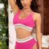 Navy Blue Ribbed Knit Tribal Contrast Detail 2pcs High Waist Swimsuit