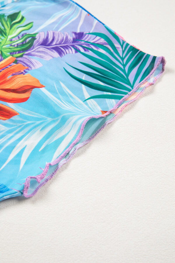 Sky Blue Tropical Print V Neck Semi Sheer Beach Cover Up Dress