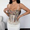 Womens Retro Jacquard Patchwork Lace Mini Ruffle Fishbone Bra-Padded Halter Neck Tank Top