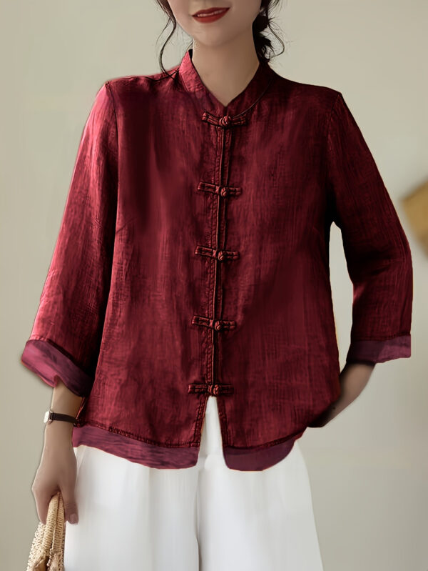 Chinese-style Patchwork Button-Placket Cropped-Sleeve Loose-fit Retro Chinese-style Shirt
