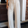 Jet Stream Drawstring Elastic Waist Button Pleated Detail Wide Leg Pants