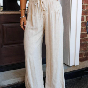 Jet Stream Drawstring Elastic Waist Button Pleated Detail Wide Leg Pants