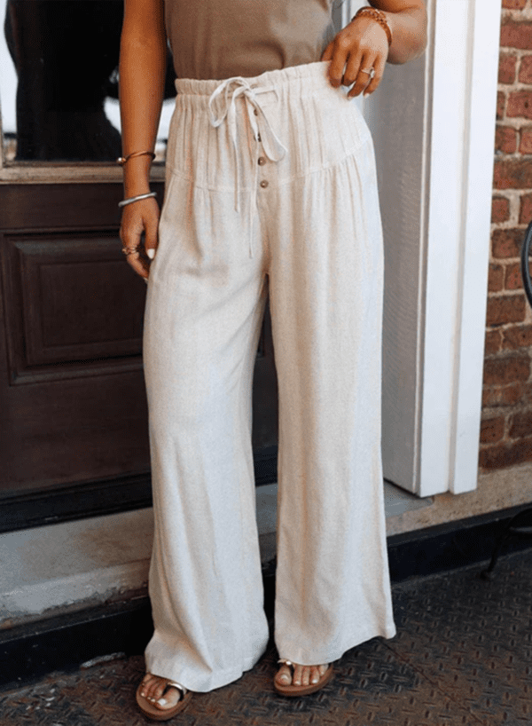 Jet Stream Drawstring Elastic Waist Button Pleated Detail Wide Leg Pants
