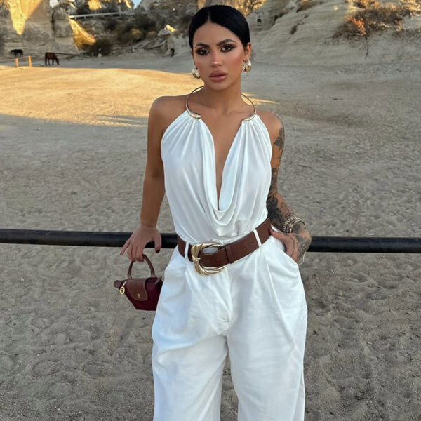 Fashionable Solid-Color Low-Cut  Plunging Neckline Metal Halter Bodycon Tank Top