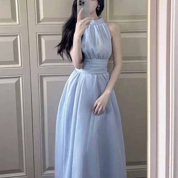 564075198 Blue Strapless Backless Petite Beach Vacation Fairy Long Dress