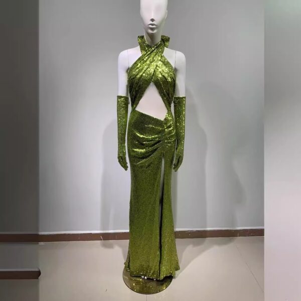 Elegant backless sequined green elegant bodycon floor length party dress