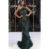 Luxury Green Feather Sleeveless Maxi Long Gowns Evening Party Dress
