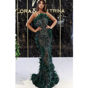 565302260 Luxury Green Feather Sleeveless Maxi Long Gowns Evening Party Dress